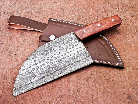 12" Professional Chef Chopper Knife Cleaver Damascus Blade with Wood Handle & Leather Sheath