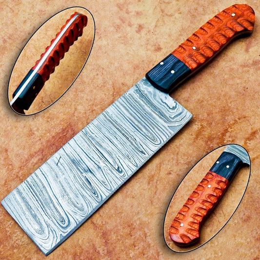 12" Professional Chef Chopper Knife Cleaver – Handmade Damascus Steel Blade, 7" Blade, Hard Wood Handle with Brass Pins