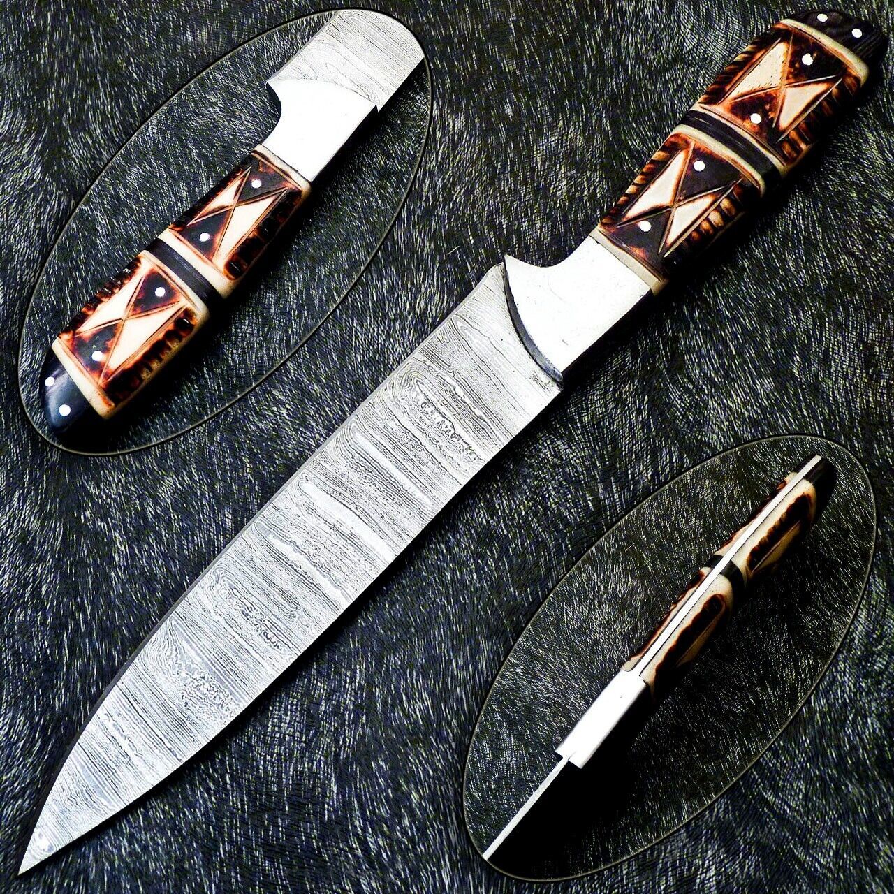 12" Professional Handmade Damascus Steel Chef Knife with Camel Bone Handle – Engraved