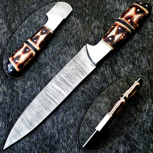12" Professional Handmade Damascus Steel Chef Knife with Camel Bone Handle – Engraved