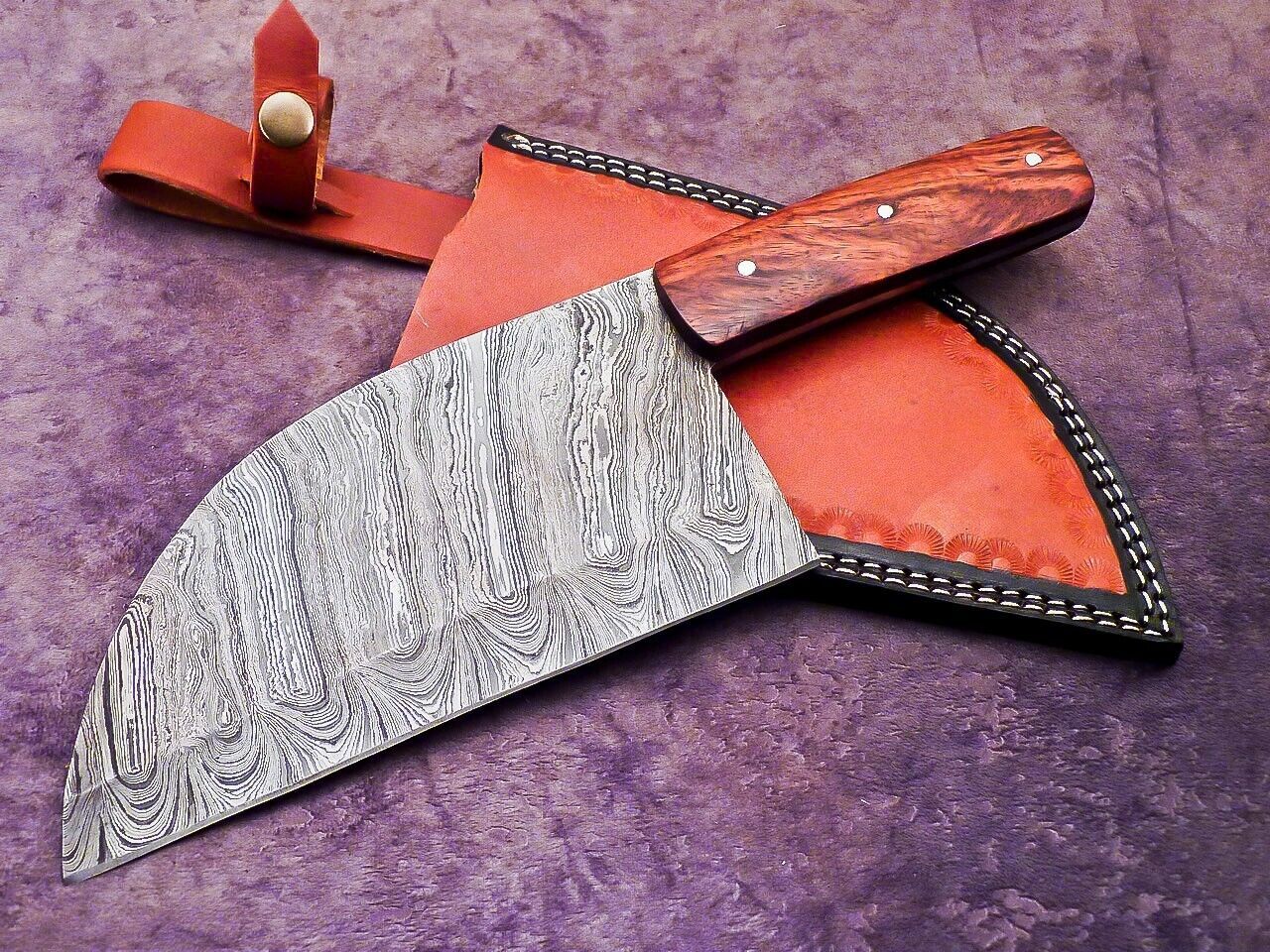 12" Professional Handmade Damascus Steel Chopper Cleaver Knife with Hard Wood Handle + Leather Sheath