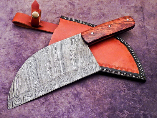 12" Professional Handmade Damascus Steel Chopper Cleaver Knife with Hard Wood Handle + Leather Sheath
