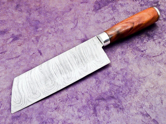 12" Professional Handmade Damascus Steel Chopper Cleaver Knife with Natural Wood Handle & Steel Bolster

