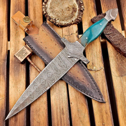 12" Tactical Damascus Dagger Bowie Knife – Resin Handle & Leather Sheath