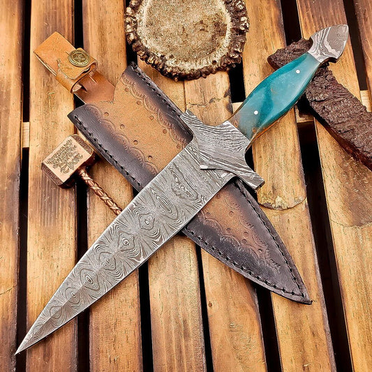 12" Tactical Damascus Dagger Bowie Knife – Resin Handle & Leather Sheath
