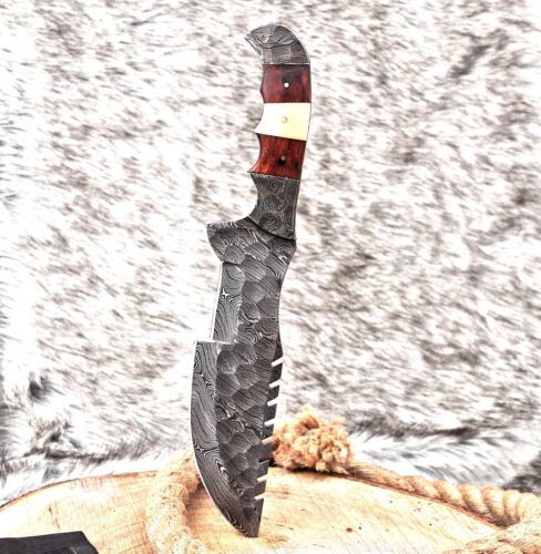 12" Tactical Survival Damascus Tracker Knife – Handmade Full Tang Fixed Blade with Camel Bone & Wood Handle