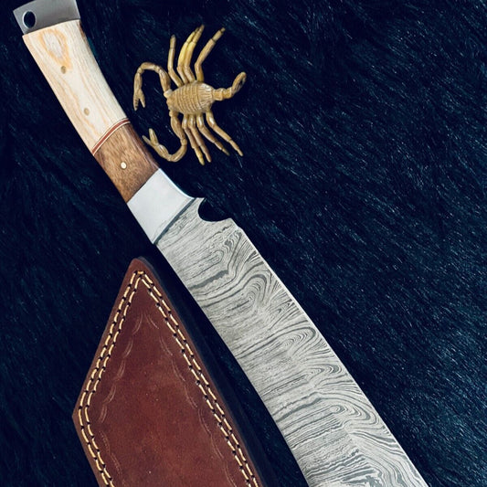 12" Twist Damascus Machete Knife with Camel Bone & Wood Handle – Handmade Full Tang Hunting Blade