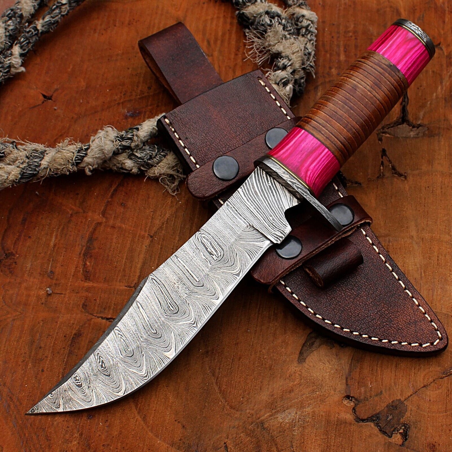 12" Twist Pattern Damascus Bowie Knife with Wood Handle – Handmade Fixed Blade Hunting Knife