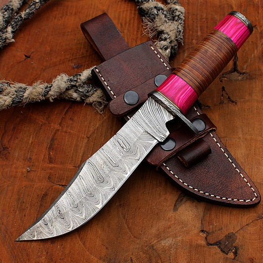 12" Twist Pattern Damascus Bowie Knife with Wood Handle – Handmade Fixed Blade Hunting Knife