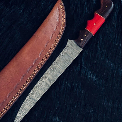 13.0" Damascus Bowie Knife Damascus Steel Knife With Bone & Wood Handle & Leather Sheath