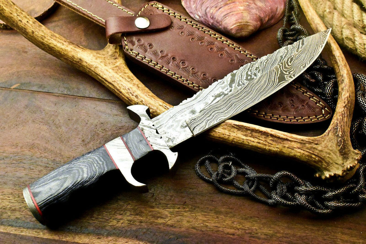 13.0" Handmade Damascus Bowie Knife Damascus Steel Knife with Leather Sheath