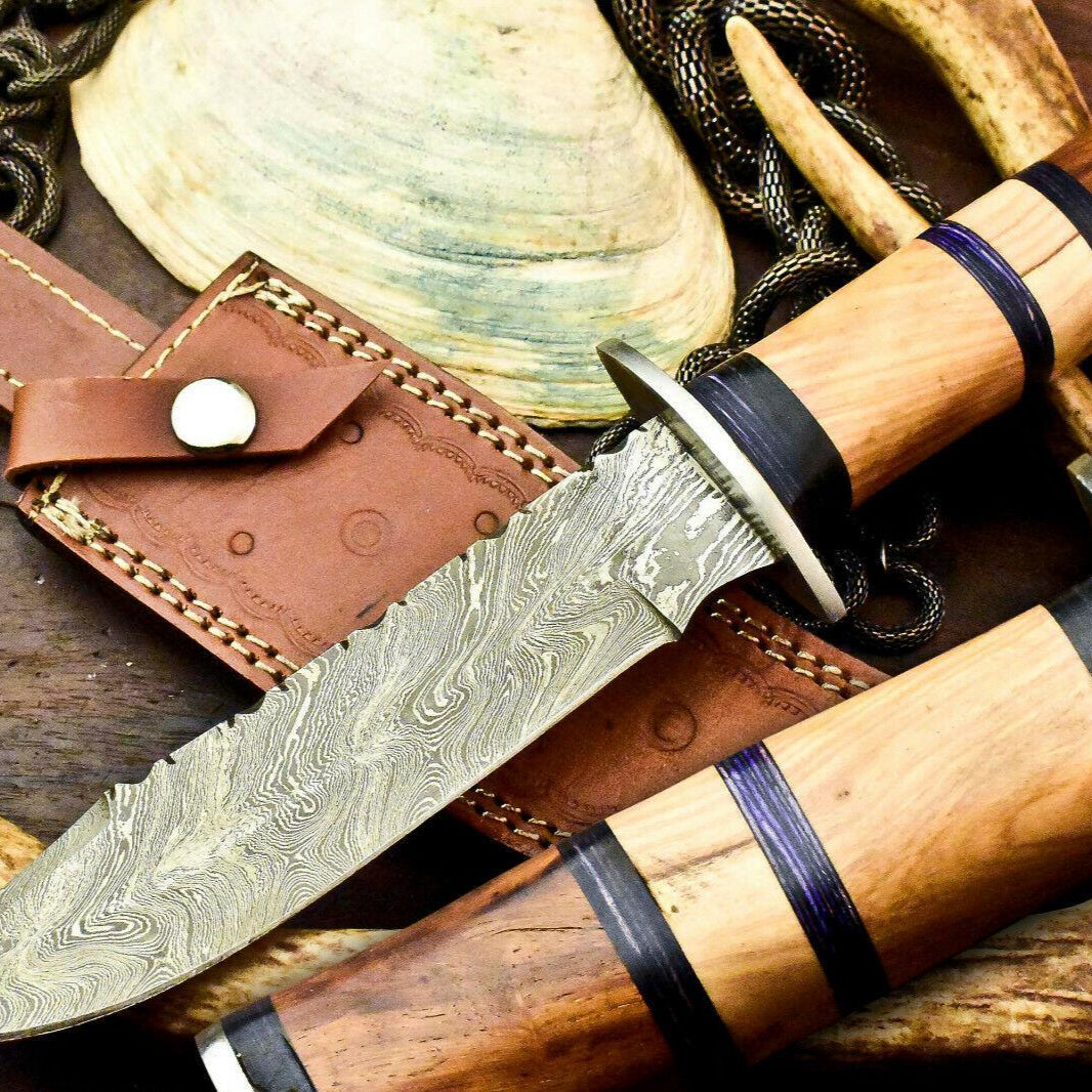 13.0" Handmade Damascus Bowie Knife Damascus Steel Knife with Walnut Wood Handle & Sheath
