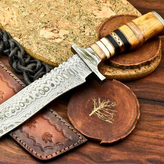 13.25" Handmade Damascus Bowie Knife with Olive Wood Handle & Leather Sheath