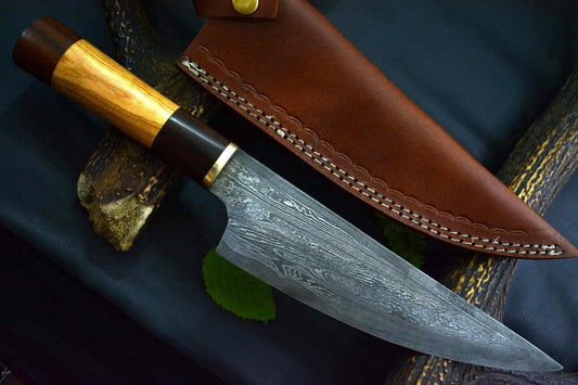 13.3" Custom Handmade Damascus Steel Chef Knife with Walnut & Olive Wood Handle + Leather Sheath