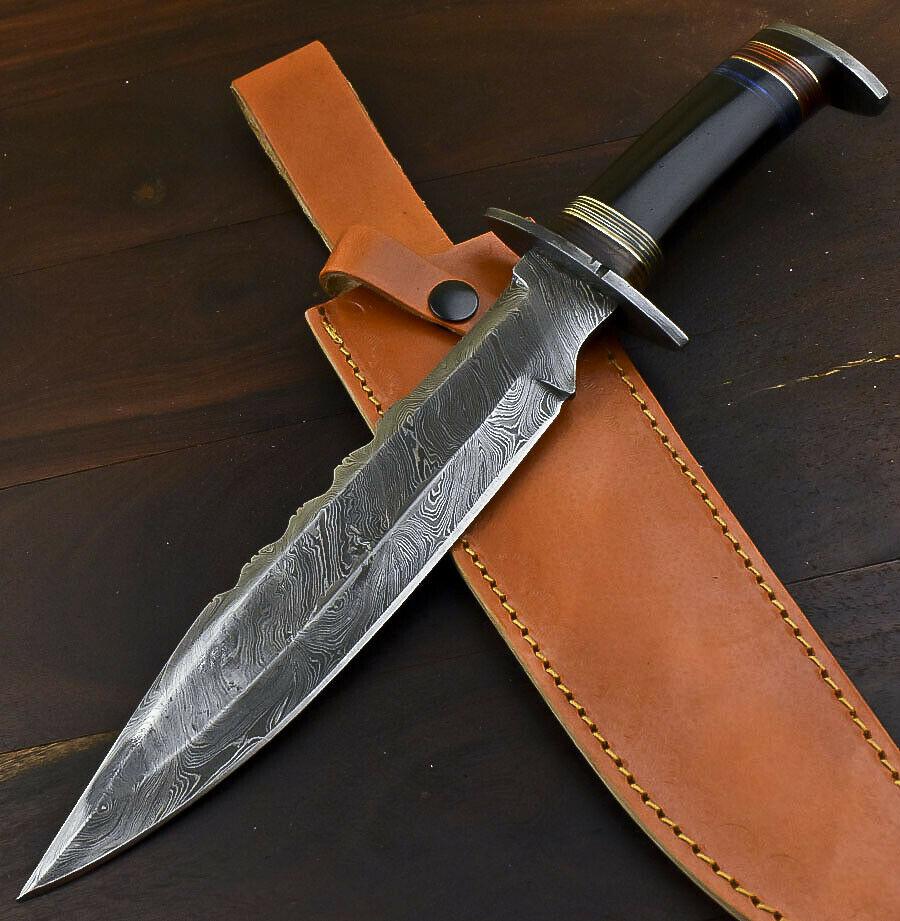 13.4" Damascus Horn Hunting Bowie Knife Damascus Steel Knife with Bull Horn Handle & Leather Sheath