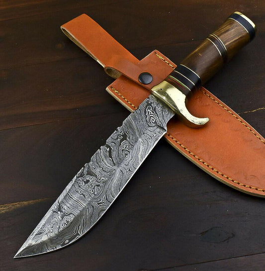 13.4" Handmade Damascus Steel Bowie Knife – Walnut Wood Handle Hunting & Throwing Knife