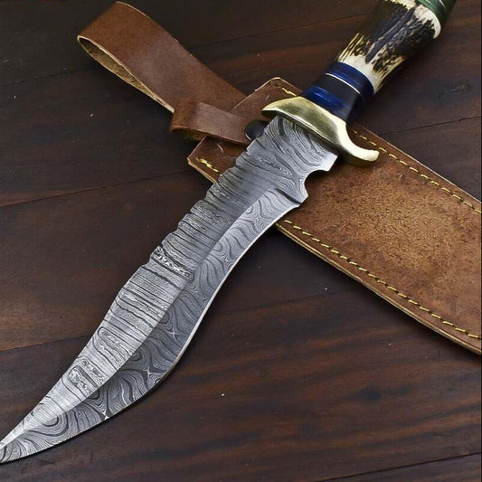  13.5" Custom Damascus Steel Bowie Knife | Stag Antler Handle 