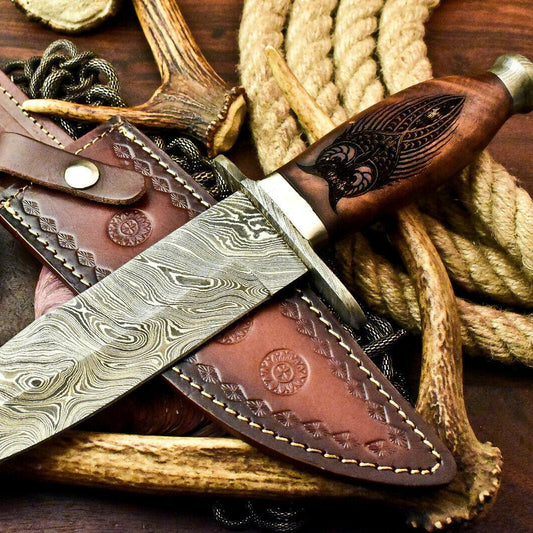 13.5" Custom Damascus Steel Bowie Knife with Walnut Wood Handle & Leather Sheath