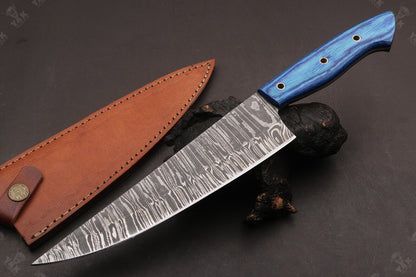 13.5" Custom Hand Forged Fire Damascus Chef Knife Best Damascus Steel Chef Knife with PakkaWood  Handle