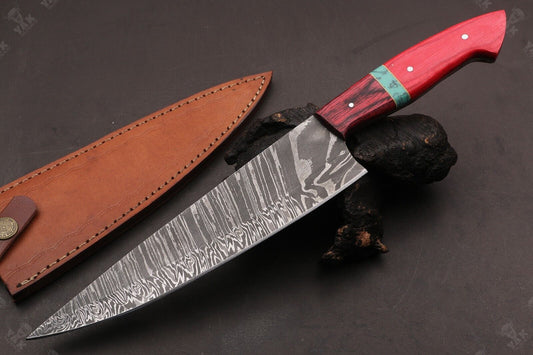 13.5" Custom Hand Forged Fire Damascus Steel Chef Knife With  Camel Bone and Wood Handle