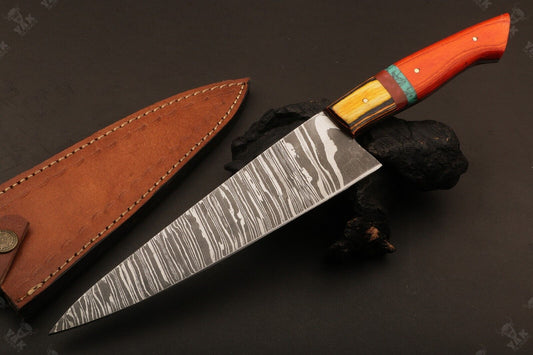 13.5" Custom Hand Forged Fire Damascus Steel Santoku Chef Knife – Handmade Kitchen Knife