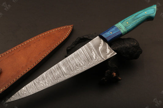 13.5" Custom Hand Forged Fire Damascus Steel Santoku Chef Knife – Stained Camel Bone & Wood Handle