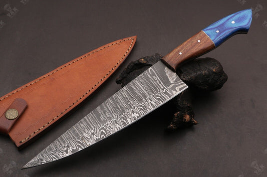 13.5" Custom Hand Forged Fire Damascus Steel Santoku Chef Knife with Camel Bone & Wood Handle