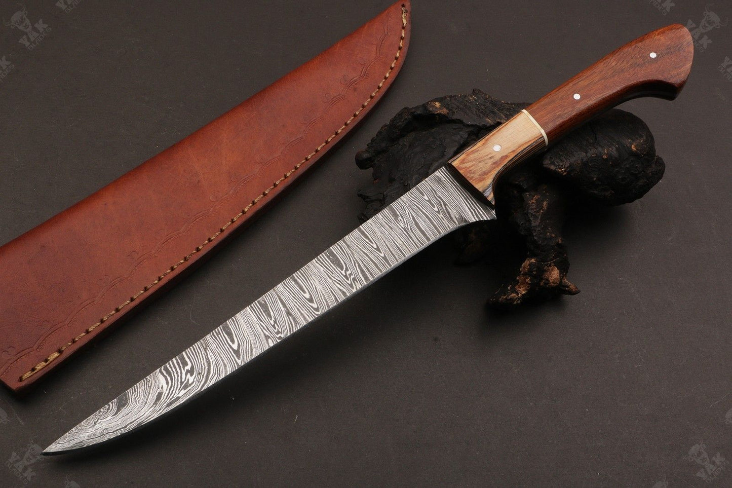 13.5" Custom Handmade Damascus Fillet Knife Fire Damascus Steel Fillet Knife