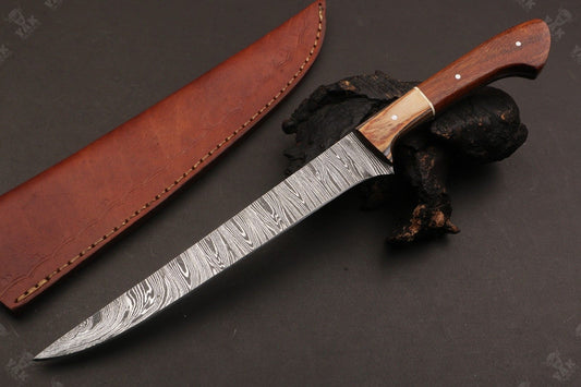 13.5" Custom Handmade Damascus Fillet Knife Fire Damascus Steel Fillet Knife