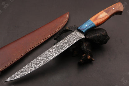 13.5" Custom Handmade Damascus Fillet Knife Fire Damascus Steel Fillet Knife best Fillet Knife