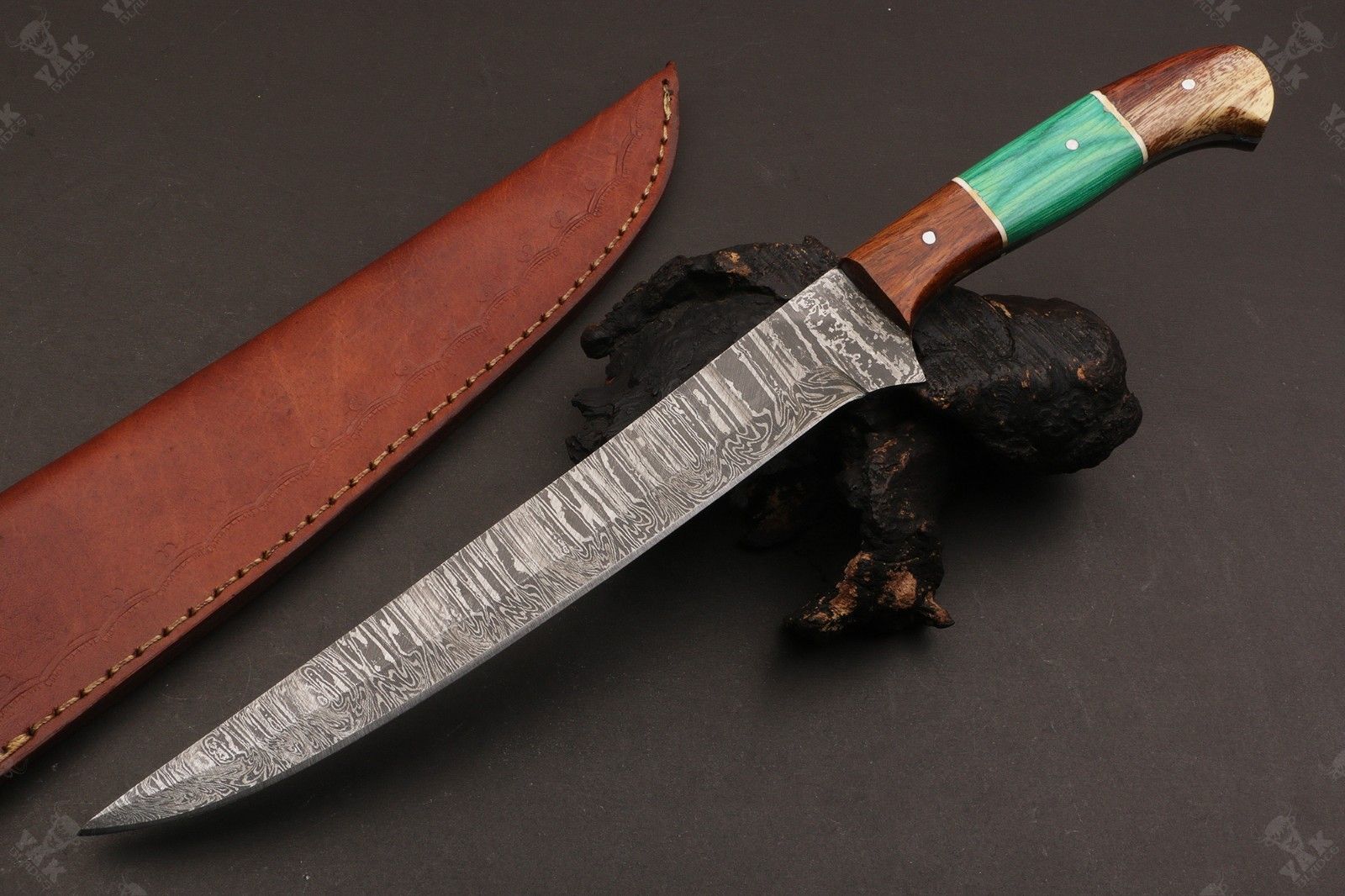 13.5" Custom Handmade Damascus Fillet Knife Fire Damascus Steel Fillet Knife with Leather Sheath