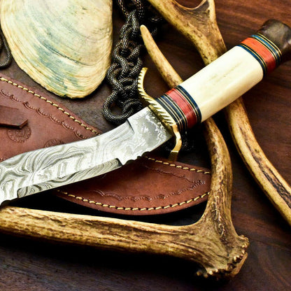13.5" Damascus Bowie Hunting Knife – Camel Bone Handle with Leather Sheath