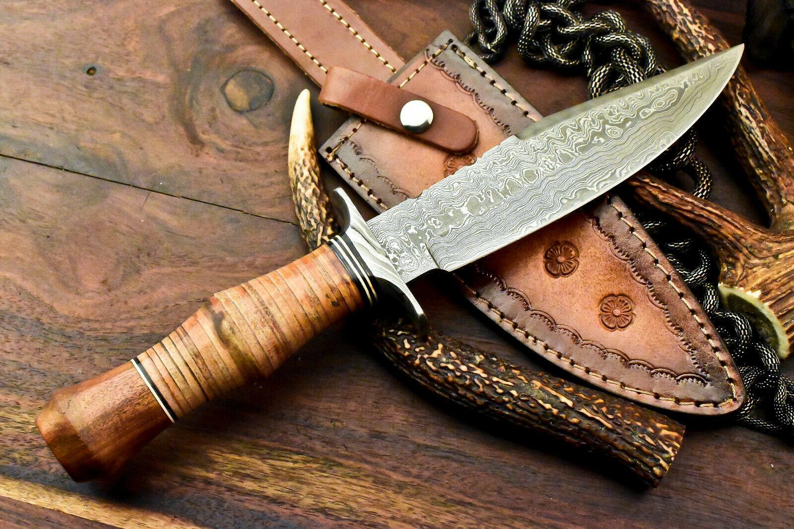 13.5" Damascus Bowie Knife Damascus Steel Knife with Stacked Leather & Walnut Handle  