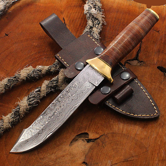 13.5" Damascus Bowie Knife Full Tang Bowie Knife With Wood Handle