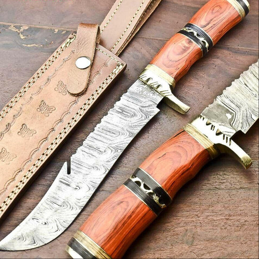 13.5" Damascus Bowie Knife – Hardwood Handle & Leather Sheath