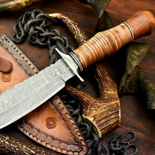 13.5" Damascus Bowie Knife | Stacked Leather & Walnut Handle