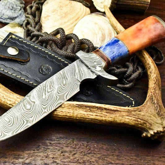 13.5" Damascus Bowie Knife | Stained Camel Bone Excellence