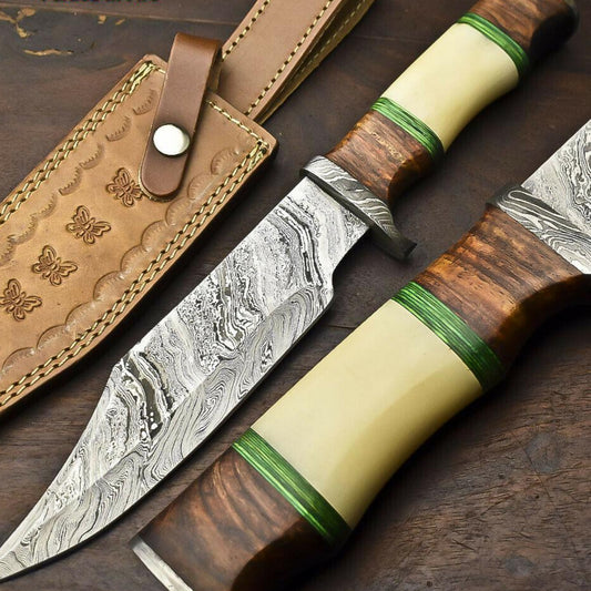 13.5" Damascus Steel Bowie Knife – Camel Bone Handle