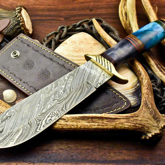 13.5" Damascus Steel Bowie Knife | Camel Bone Handle with Leather Sheath