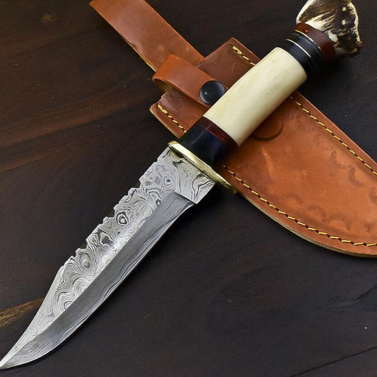 13.5" Damascus Steel Bowie Knife – Crown Antler Handle & Leather Sheath