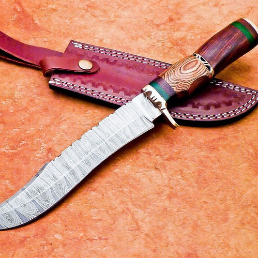 13.5" Damascus Steel Bowie Knife with Natural Wood Handle –  Hunting & Camping Knife