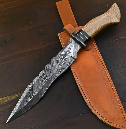 13.5" Damascus Steel Bowie Knife with Olive Wood Handle Fisher Hunter Blade