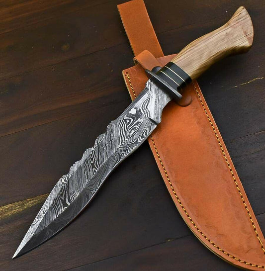 13.5" Damascus Steel Bowie Knife with Olive Wood Handle Fisher Hunter Blade