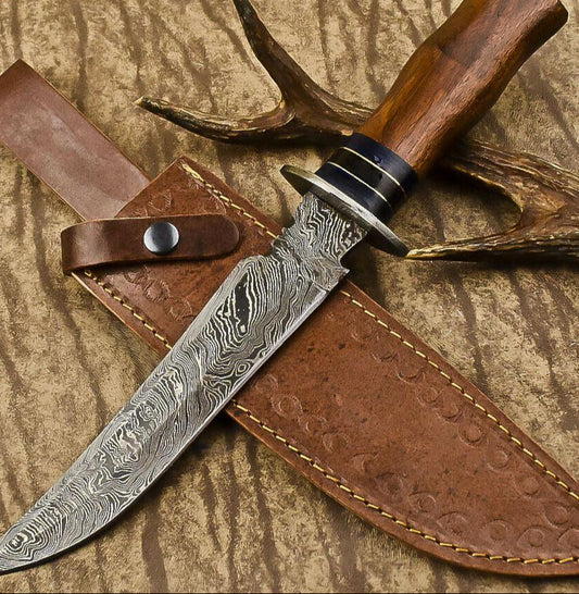 13.5" Damascus Trailing Bowie Knife – Walnut Wood Handle