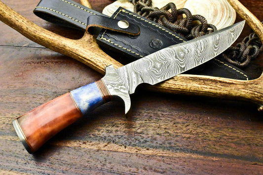 13.5" Hand Forged Bowie Damascus Steel Knife With Stained Camel Bone Handle & Sheath