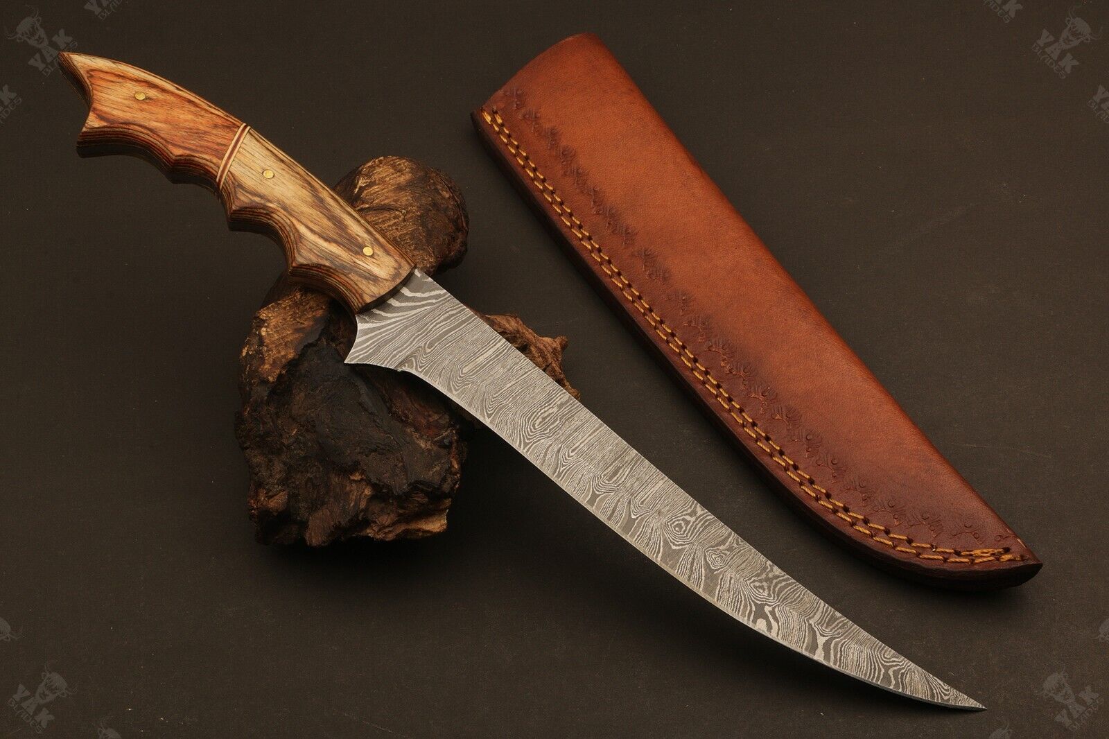 13.5" Hand Forged Damascus Fillet Knife Ladder Damascus Kitchen Knife with Wood Handle