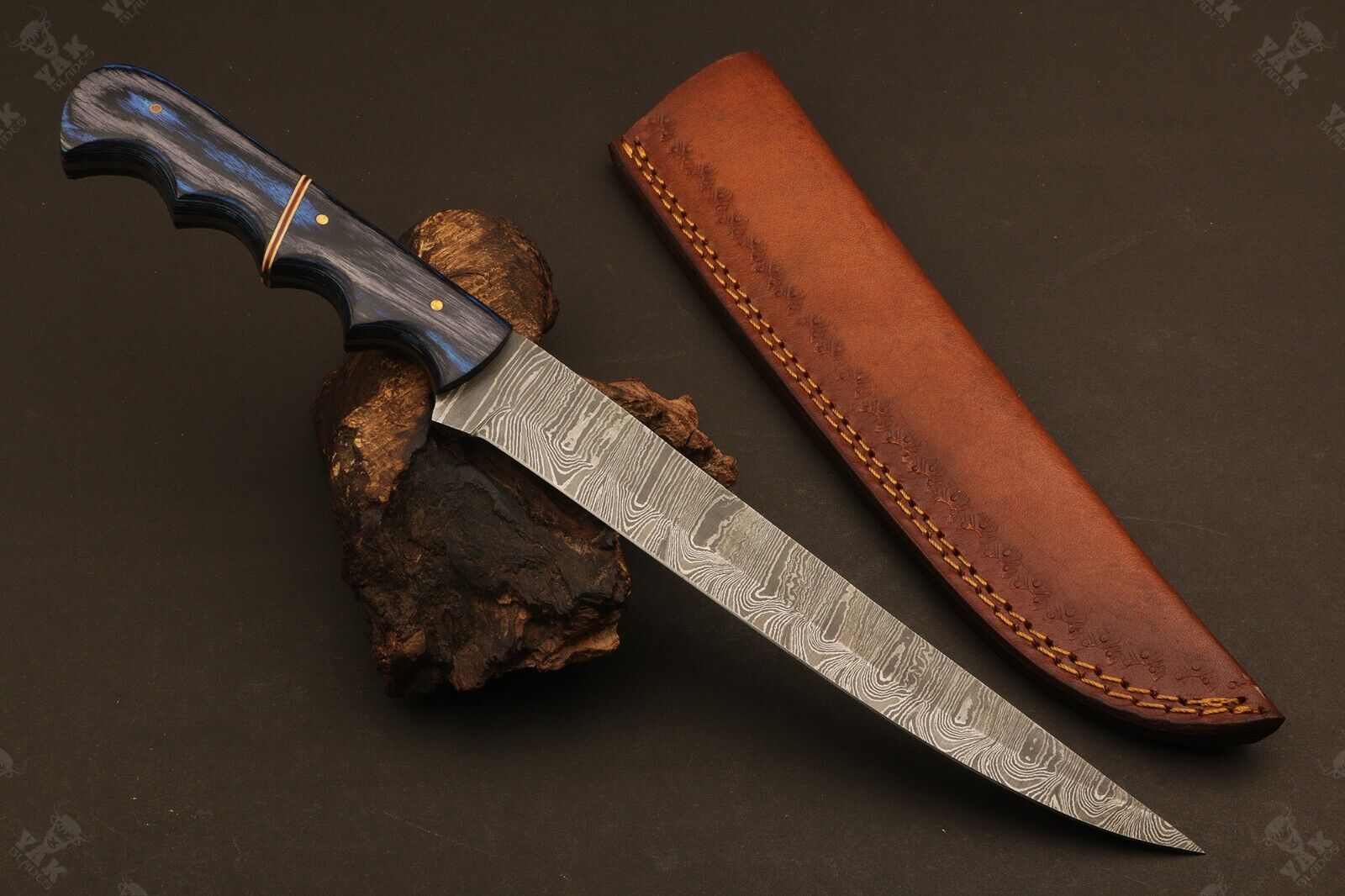 13.5" Hand Forged Damascus Fillet Knife Ladder Damascus Steel Knife W/Leather Sheath