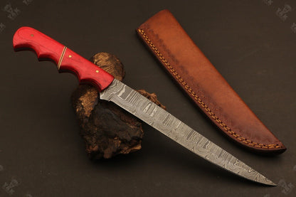 13.5" Hand Forged Damascus Fillet Knife Premium Fillet Knife With Ladder Sheath 