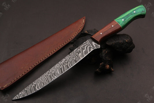 13.5" Hand Forged Fire Damascus Steel Fillet Knife Damascus Fillet Knife W/Sheath for Kitchen Use