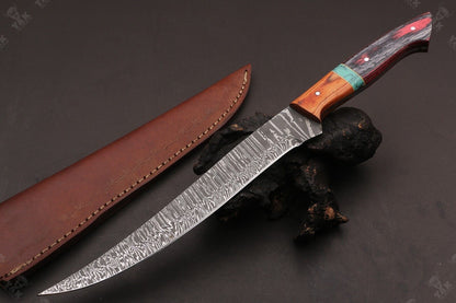 13.5" Hand Forged Fire Damascus Steel Fillet Knife For Kitchen Use Best Fillet Knife W/Sheath